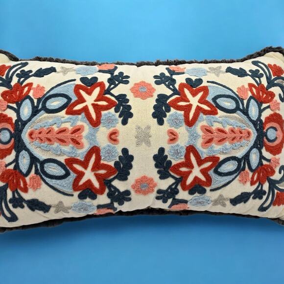 Set of 2 Embroidered Fringed Bold Floral Lumbar Throw Pillows Approx. 24x13x4" - Picture 7 of 16